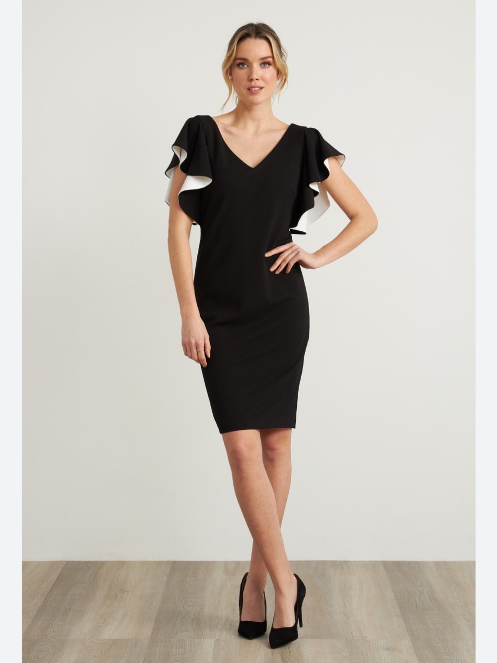 WHITE HOUSE BLACK MARKET Women's Black V-Neck Ruffle Sleeve Dress 8